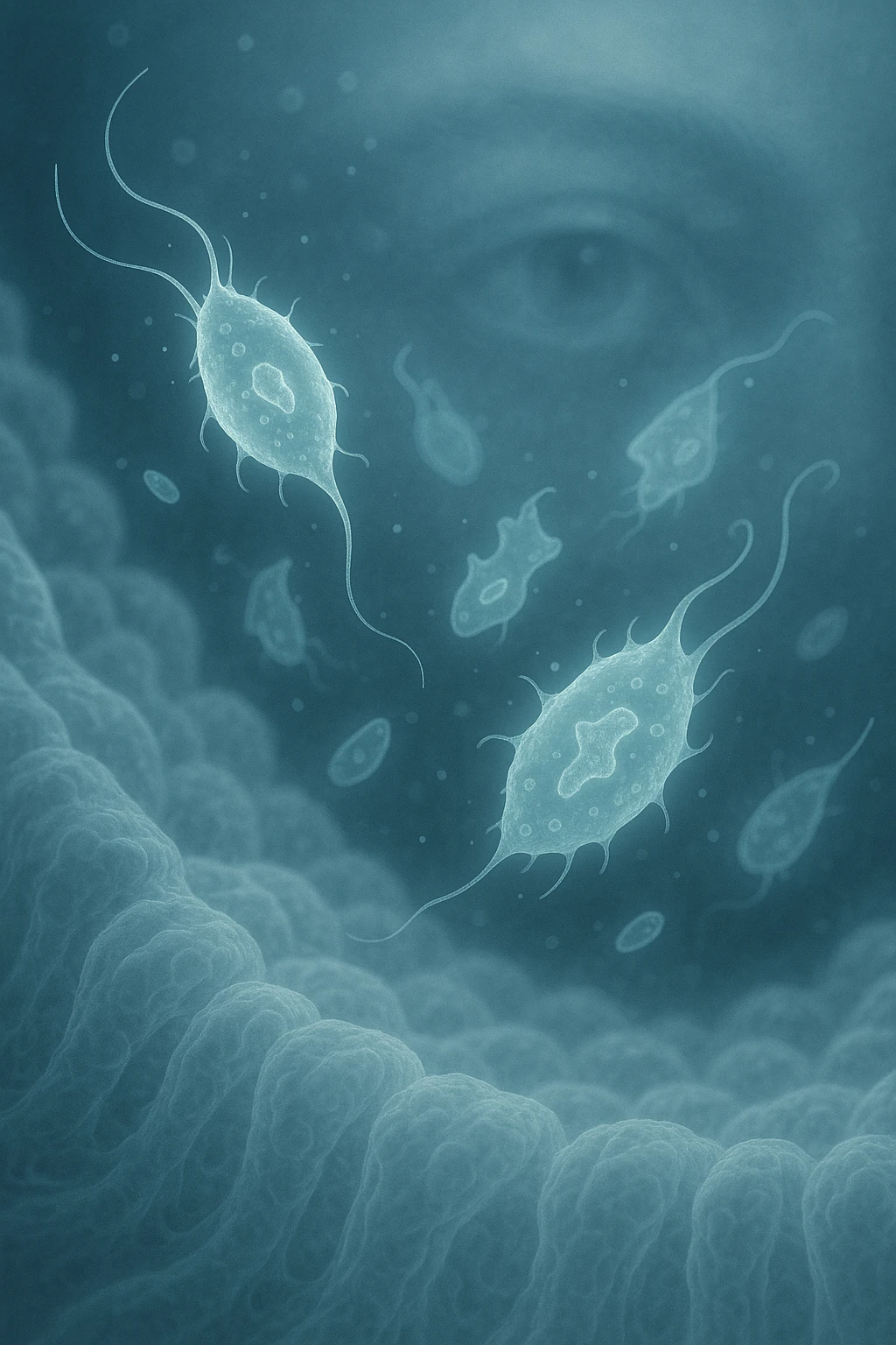 A detailed macro-style image of a translucent human intestinal wall under extreme magnification. Floating nearby are multiple protozoa — small, semi-transparent, shapeshifting organisms with flagella or cilia, glowing faintly under the microscope. In contrast, a faded overlay silhouette of a human eye is shown in the background, symbolizing how these organisms are invisible to unaided vision. The scene is softly lit with cool bluish tones, evoking a clinical and microscopic atmosphere. Focus is hyper-sharp on the protozoa, with blurred organic tissue textures in the background. Educational yet haunting, it shows how much remains unseen inside the body emoji