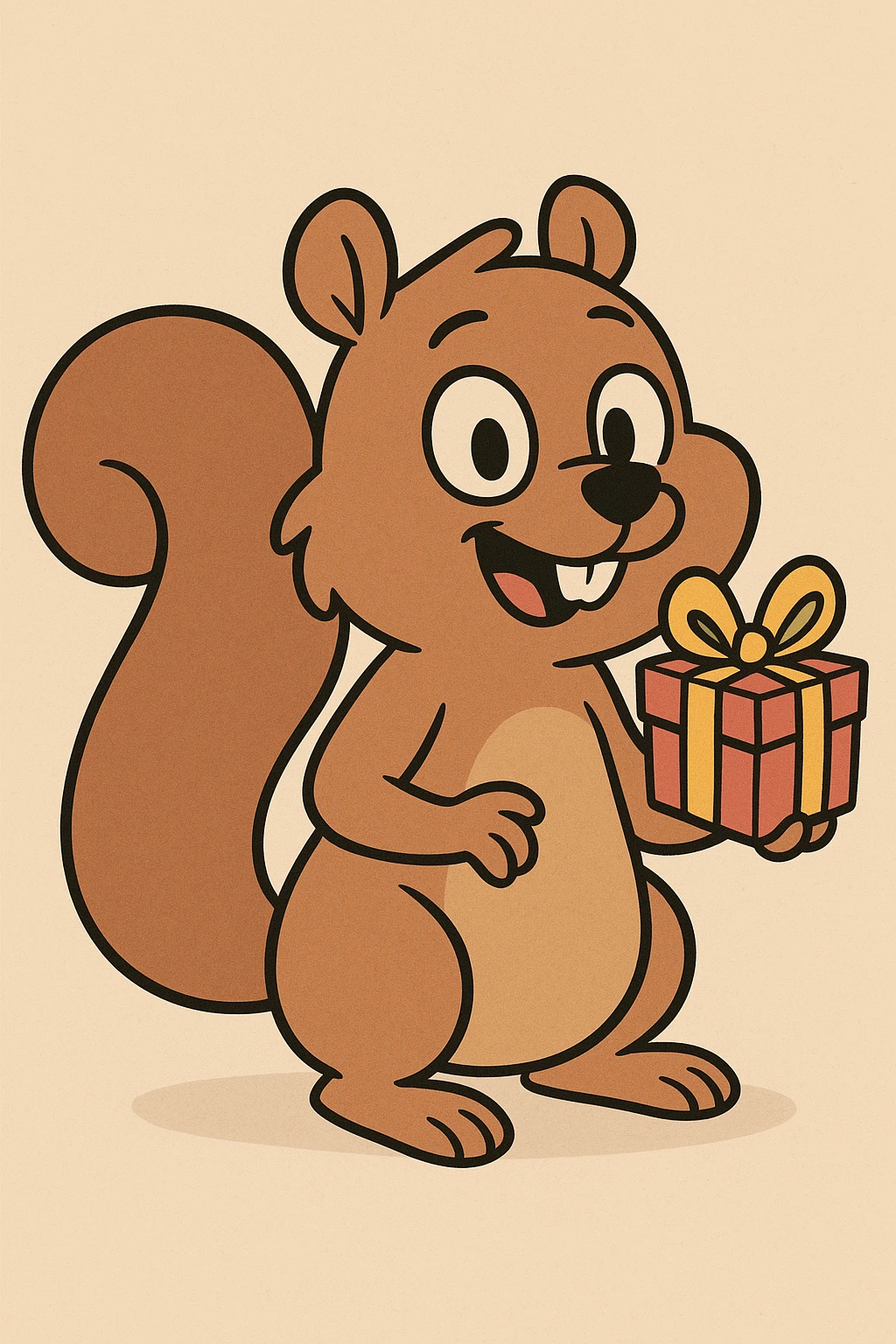 cute and simple squirrel with a wrapped gift in one paw, playful and friendly emoji