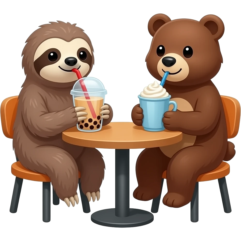 a sloth drinking a boba in a café with a bear freind who's drinking a hot cocoa emoji