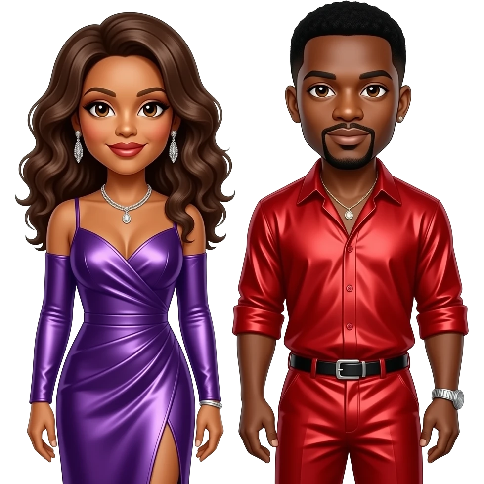 Whitney Houston with brown eyes, brown hair, purple metallic long dress, earrings, Bobby Brown with brown eyes, black hair, red metallic shirt, red metallic baggy pants, necklace and short earrings emoji