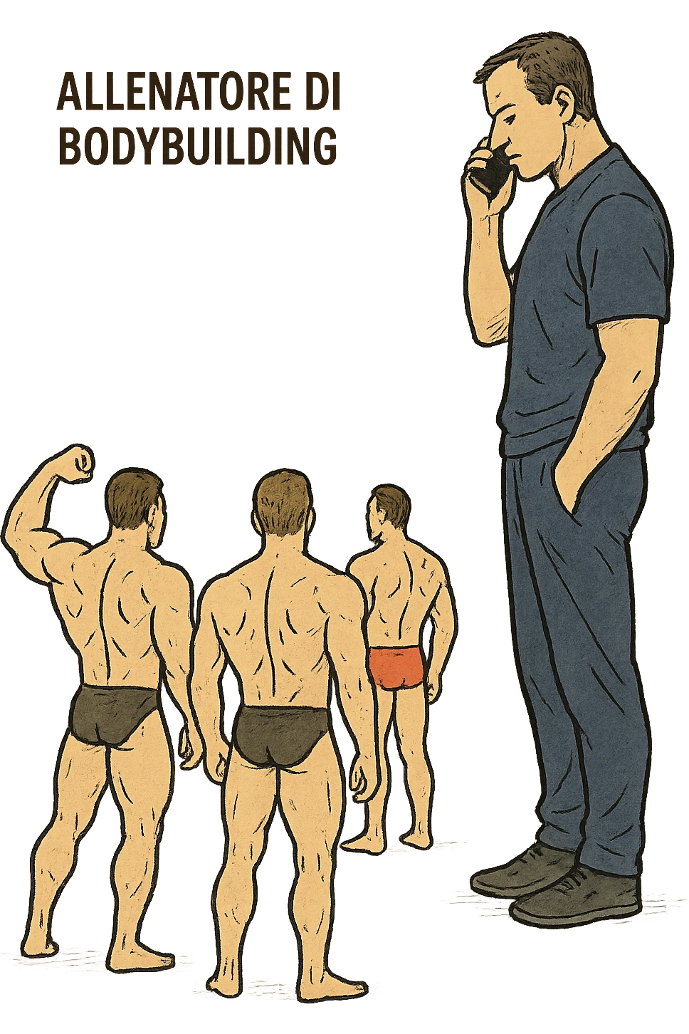 a bodybuilding coach is seen far away on the sidelines, partially turned away from the team or group, engaged in another activity (like reading, texting, or talking on the phone), while the athletes look toward them for support or instruction. The distance between coach and team is visually clear, symbolizing lack of presence. in italiano emoji