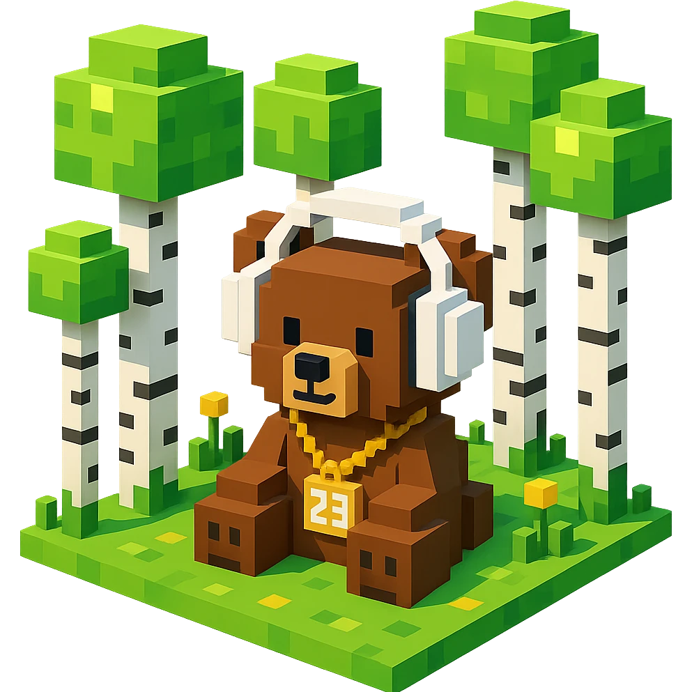 березовый лес, в котором сидит бурый медвежонок в белых наушниках (наушники должны закрывать уши медведя), на медведе цепь с подвеской "23", no background  emoji