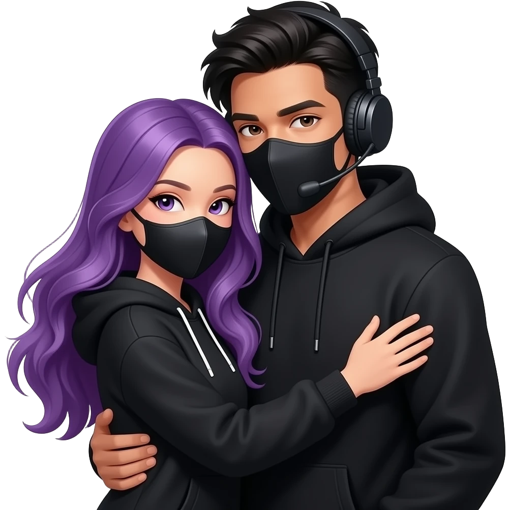 sexy girl with long purple hair and purple wearing in a black hoodie with a black mask is get hugged from an blackhaired attractive man in a black hoodie with a black mask and a headset from behind emoji