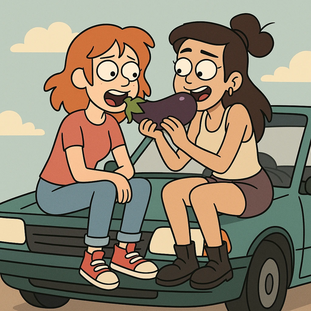 two girls eating an aubergine on the hood of a car, cartoon style emoji