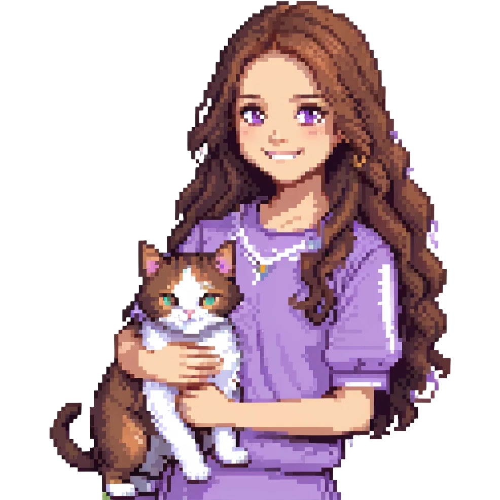 Add a flowery garden background to the scene with a girl with long, wavy brown hair, brown eyes, purple clothes, smiling with a three-color cat beside her in pixel art style. emoji