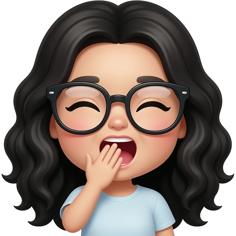 Kawaii style round very light brown glossy with oversized glasses and long curly black hair, yawning with hand in front of mouth emoji