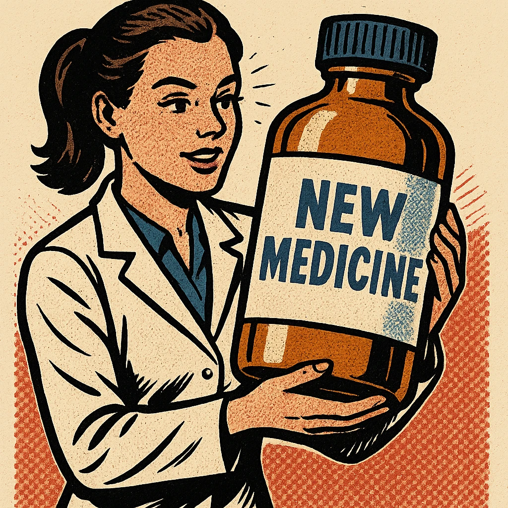 A modern day female scientist holding a large medicine bottle which is labelled 'New Medicine' emoji