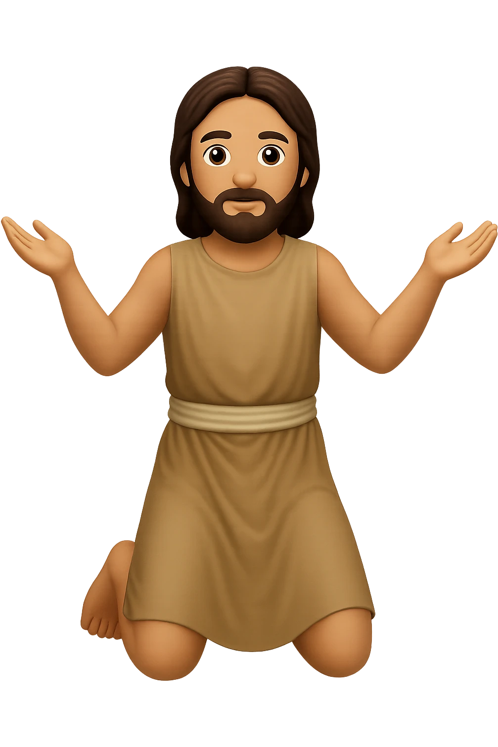 Remake this emoji in apple emoji style with brown hair and no silver handbands, fullbody apostle kneeling pose, new variation 6. Maintain the apple emoji style look and details. emoji