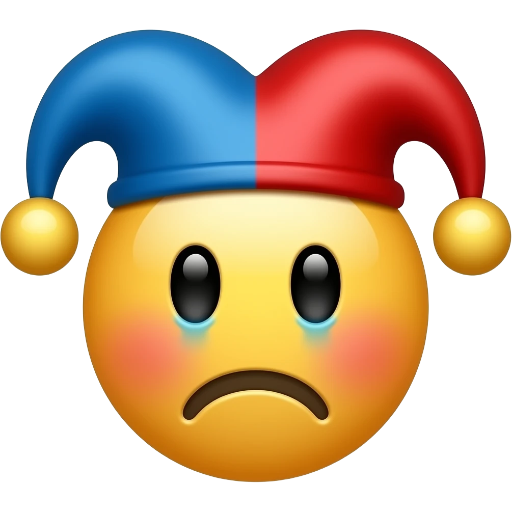 Happy Jester, Have his teeth smoothed out like a regular emoji, Give her dark eyes that seem a bit sad but not too sad, Make his hat bigger that's red and blue with red stripes, keep the top emoji