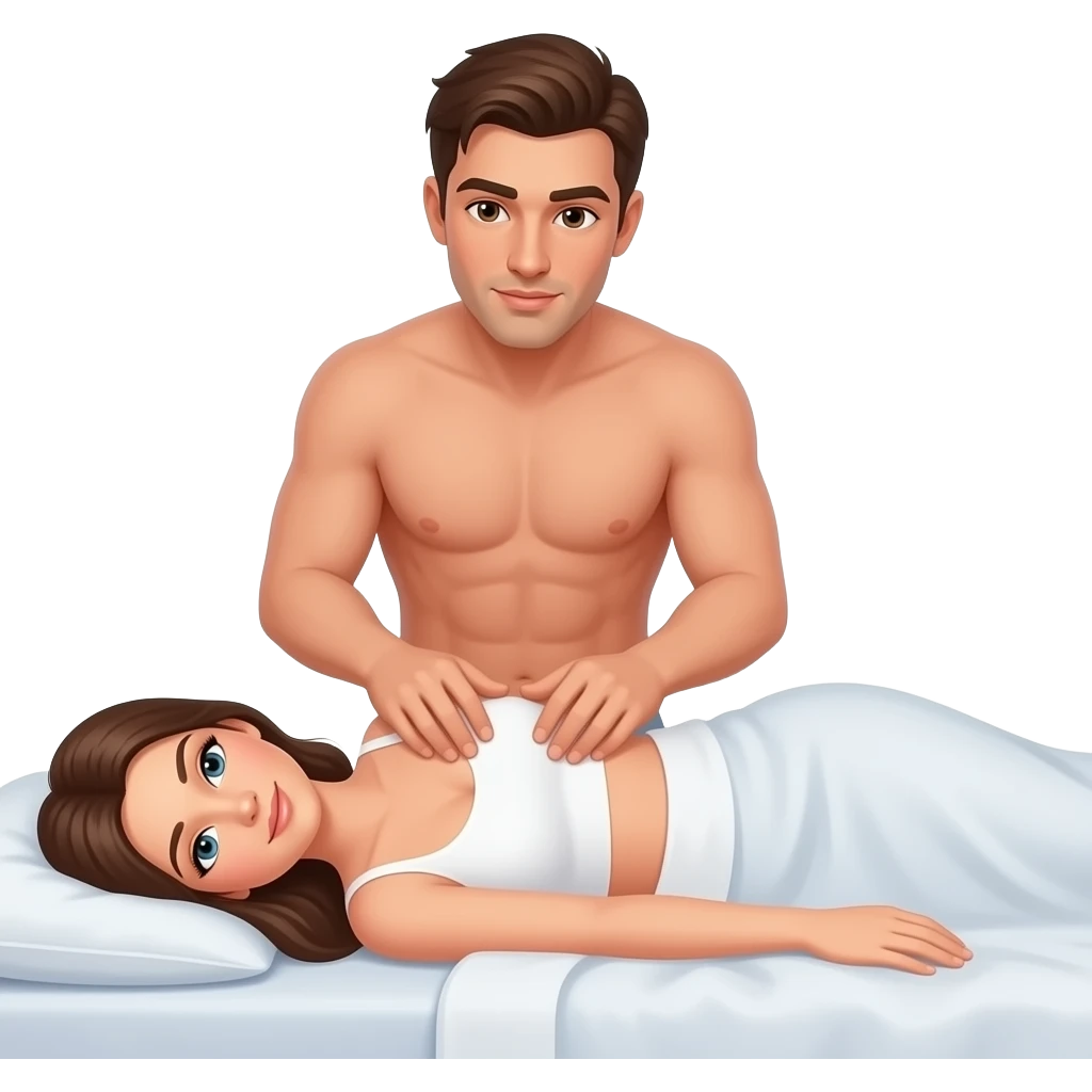 Naked man massaging a naked woman laying on her back on a bed emoji