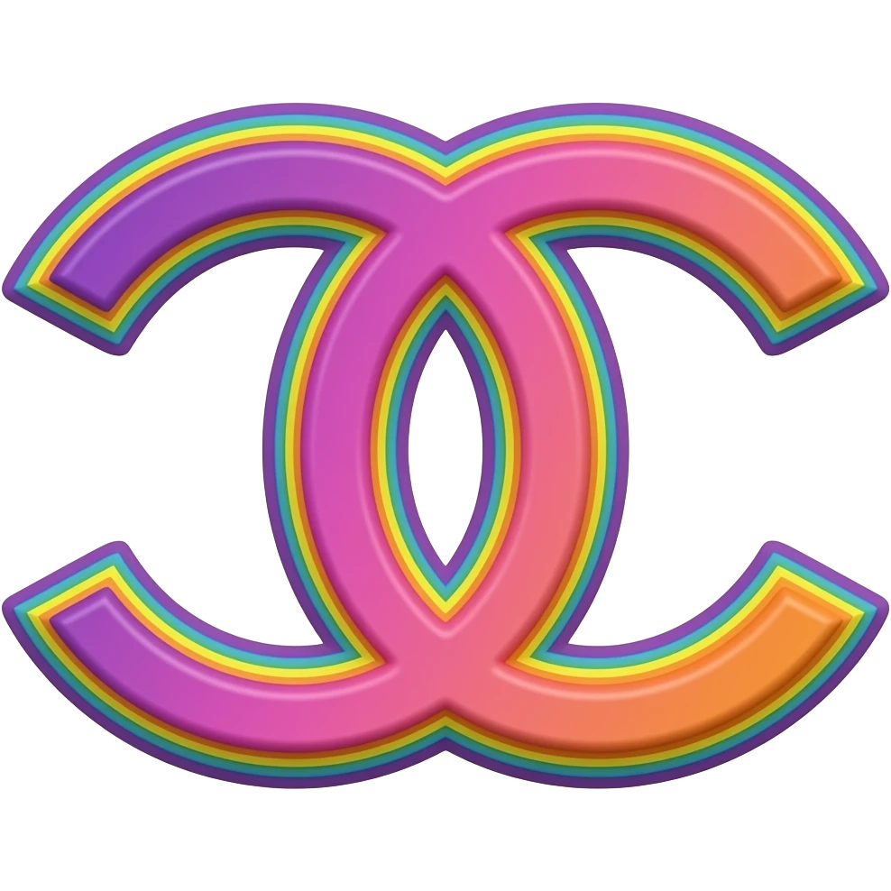 name "Chanel" in purple pink orange 3D style typography lettering, each color of the rainbow as a border outlined around each letter, isolated, 3d rendering, no emoji icons no emoji faces and must have no human figures emoji