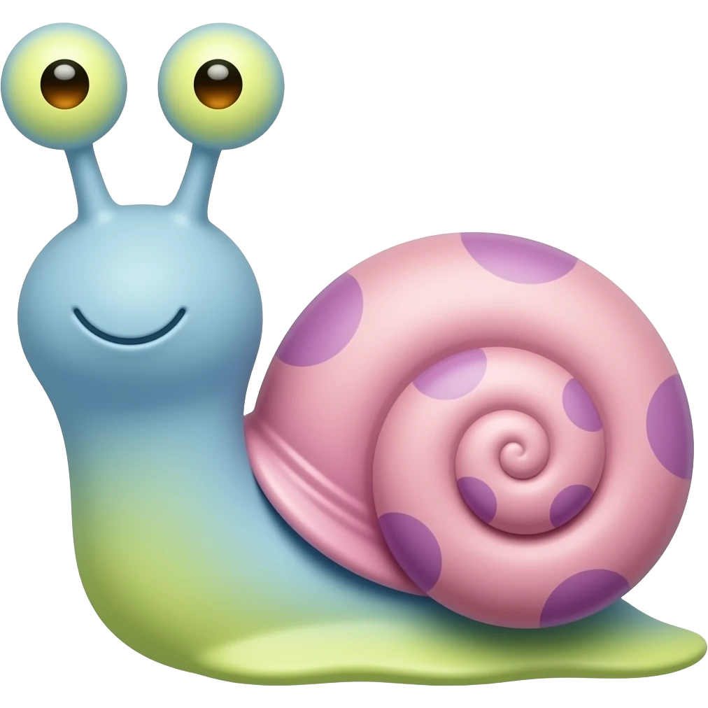 Gary the snale,  eyes on the top of his antenna with the colors being dull light blue for the body and light yellow green at the bottom. eyes are also light yellow green with orange pupils. shell is light pink with dull purple spots emoji