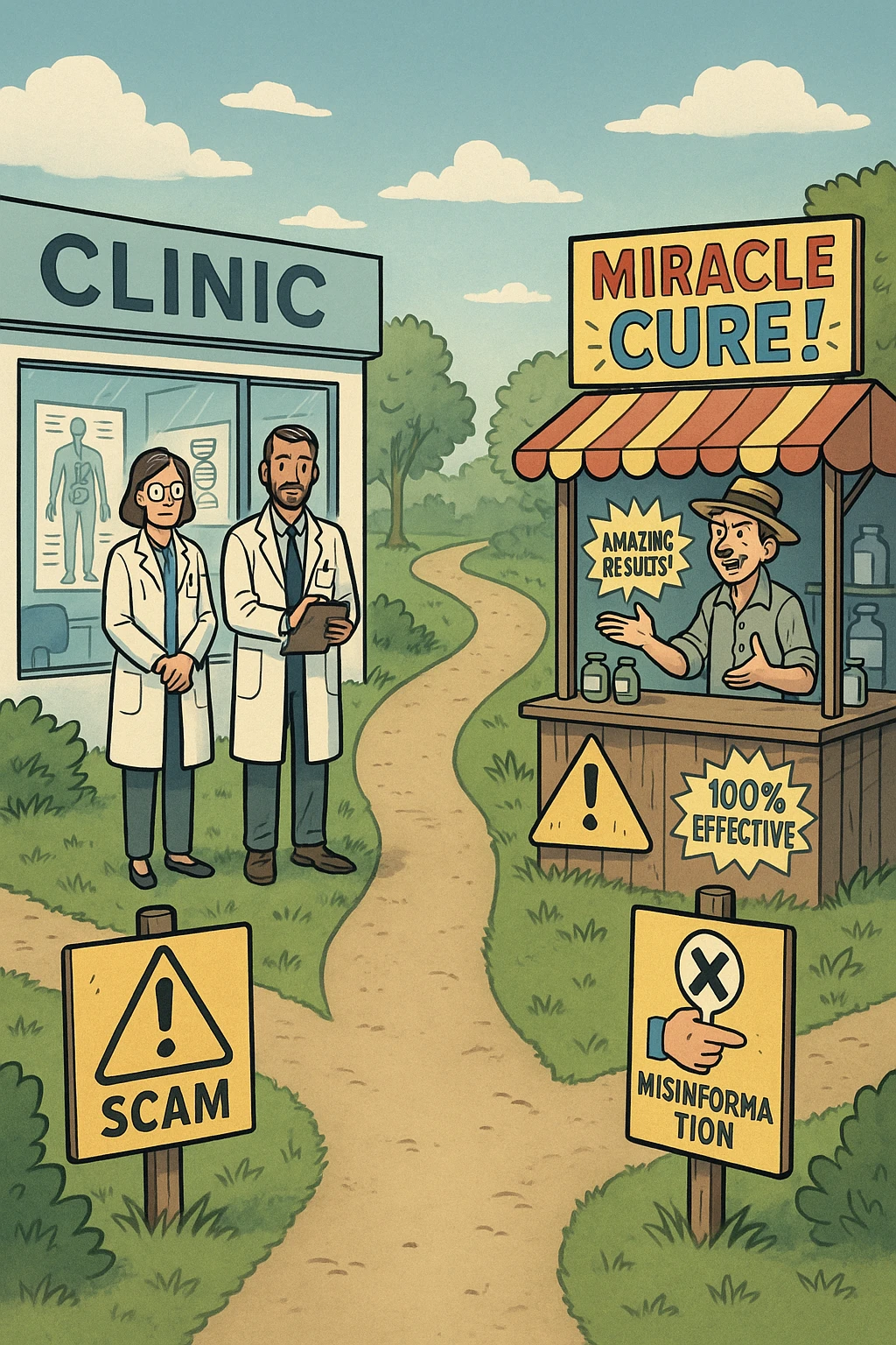 two paths diverge—one leads to a trustworthy clinic with doctors and scientific posters, the other to a shady stand selling “miracle” medicines with exaggerated claims. Signs along the second path warn of scams and misinformation. The scene encourages viewers to choose reliable, science-based healthcare. emoji