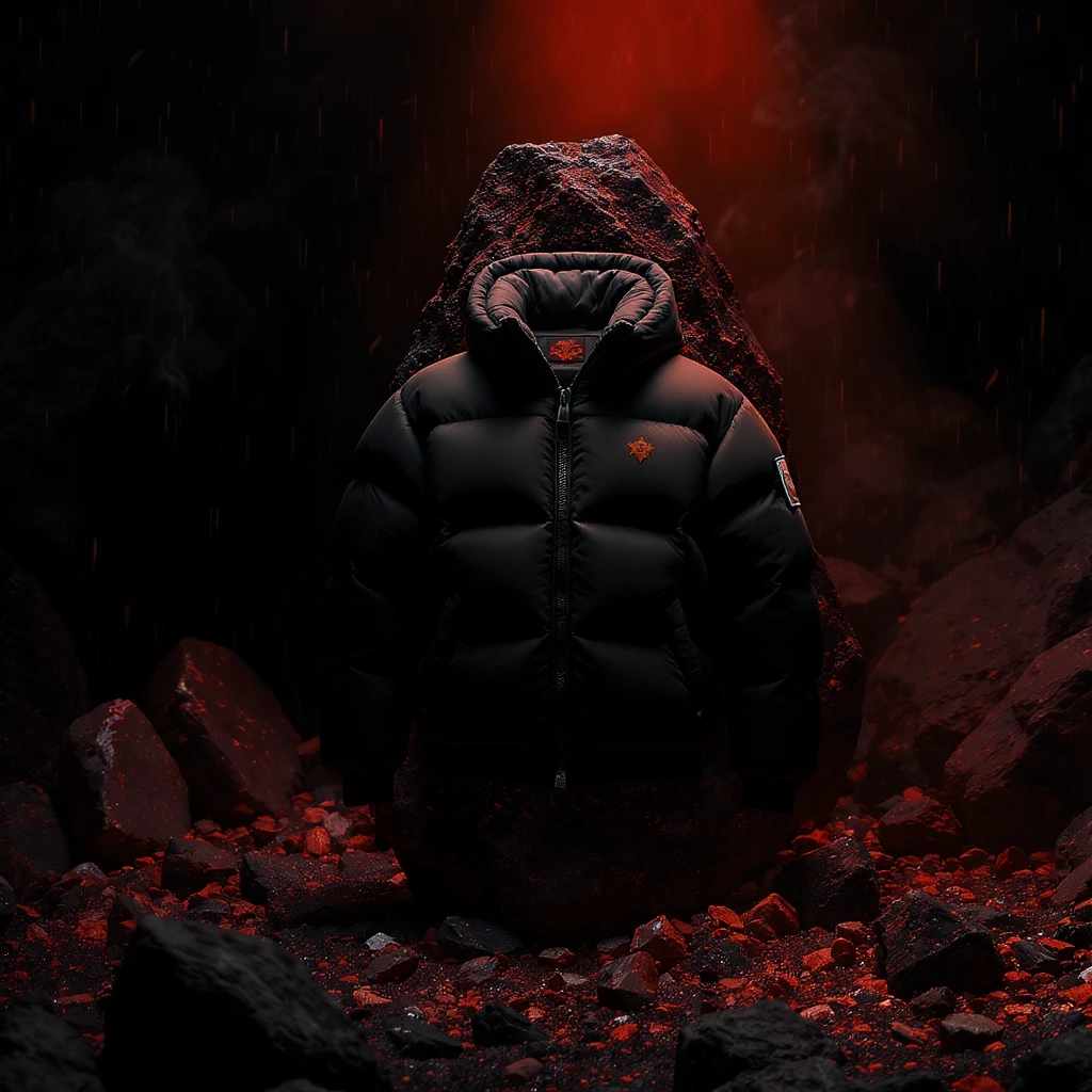 cinematic still of a front black puffer jacket around black stone with red coal temeperature environment, back red light, top light emoji