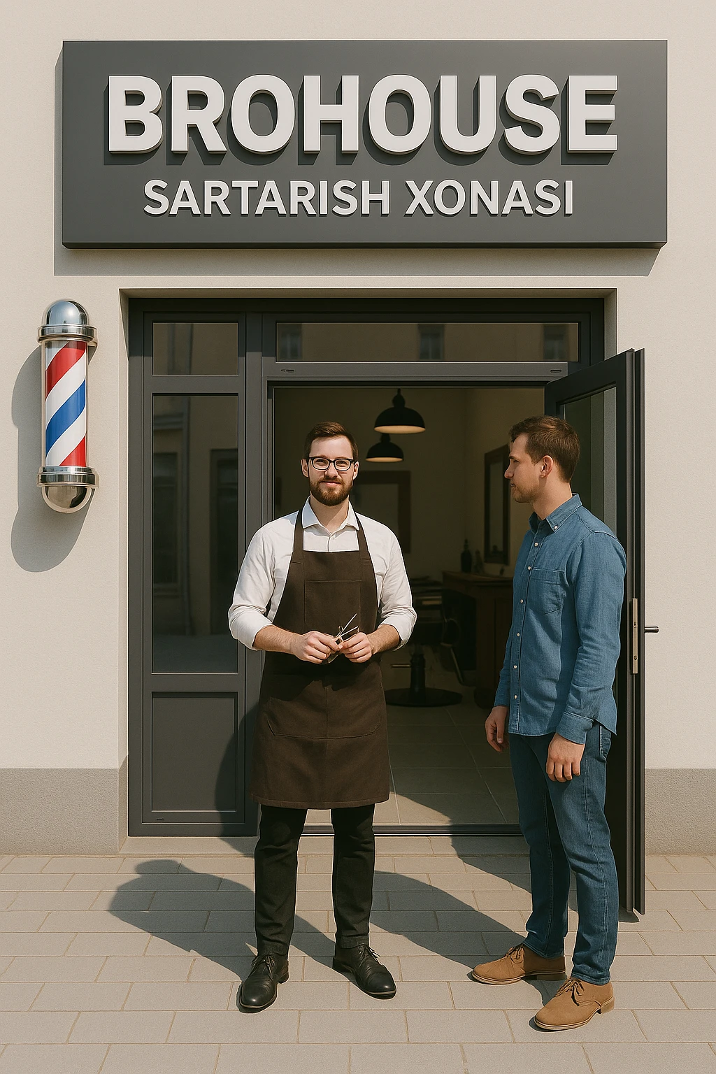 eni shu rasimga boyagi sartaosh oka eshik oldida tursin va tashqarida esa mijoz emoji