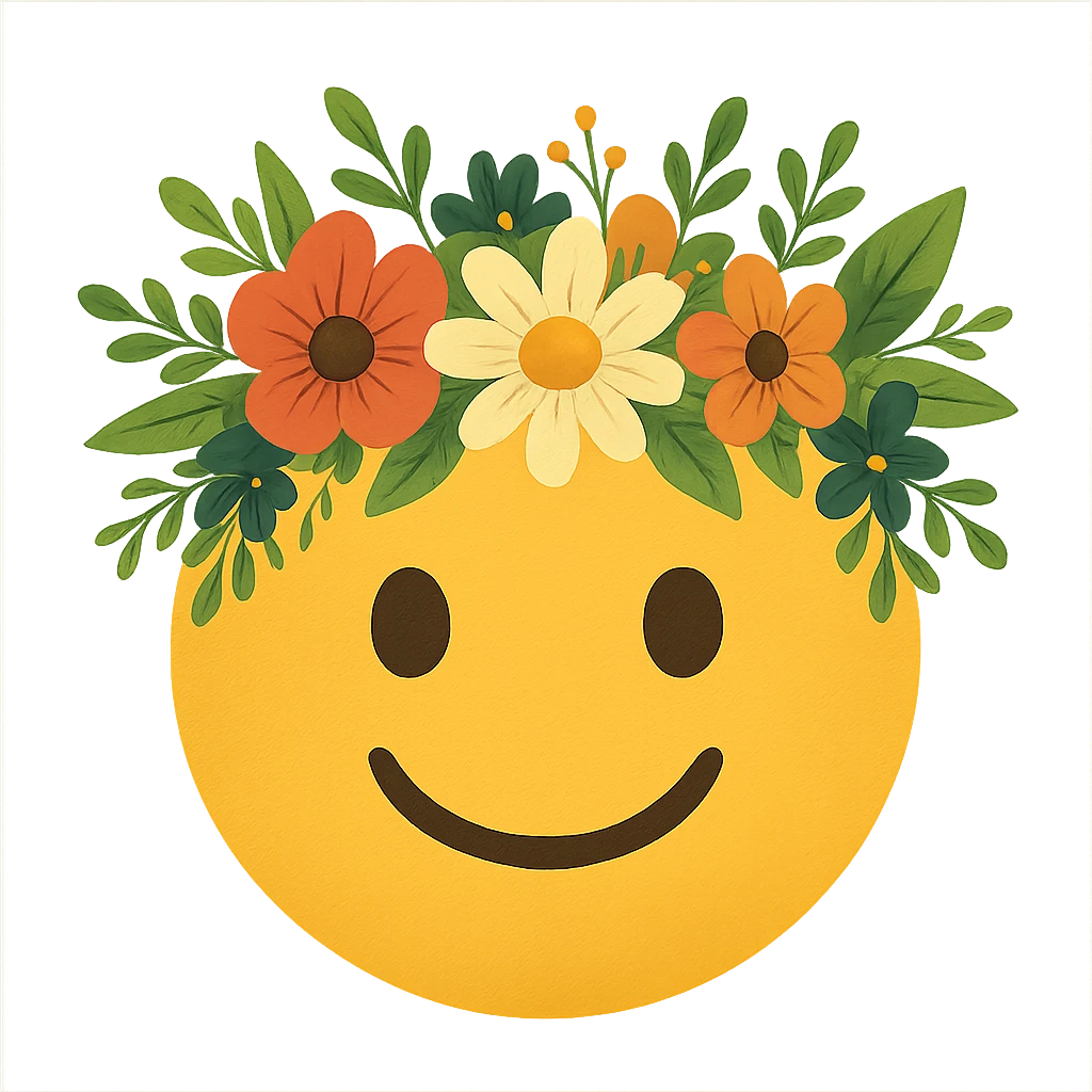 yellow face with flower crown, nature theme, digital illustration emoji