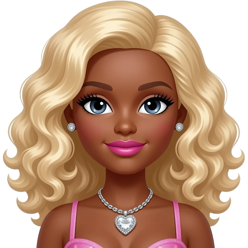 Black girl, Pink big lips, black doll eyes, dark brown skin, Long giant lashes,Doll faced shaped, silver Swarovski heart necklace, big diamond earrings studs, bimbo, black doll eyes, barbie, darker brown skin with curly blonde hair, big breast, no bra emoji