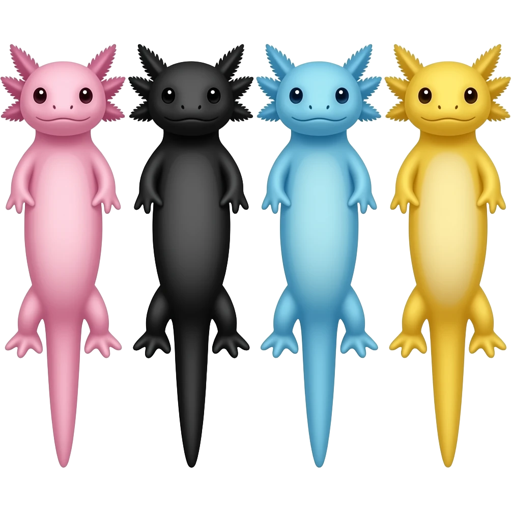 4 axolotl one pink one boack one blue one yellow front view emoji