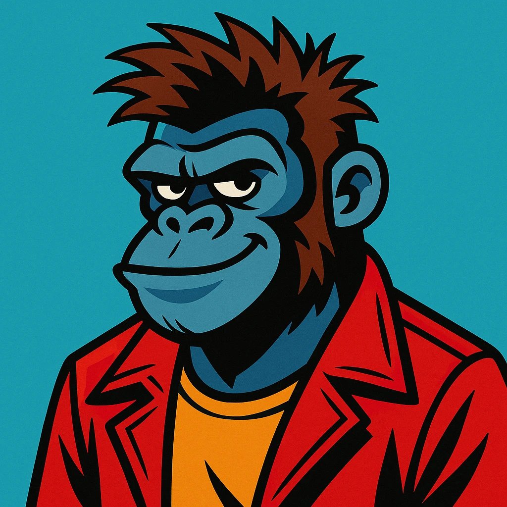 A gorilla with Tyler Durden's signature look: messy hair, bold red jacket, and a confident smirk, inspired by Fight Club's edgy aesthetic. emoji