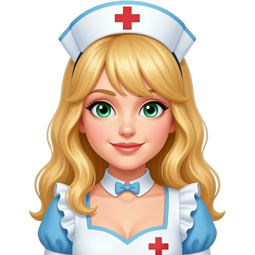 Diva in frilly nurse costume. Warm blonde hair. Green eyes emoji