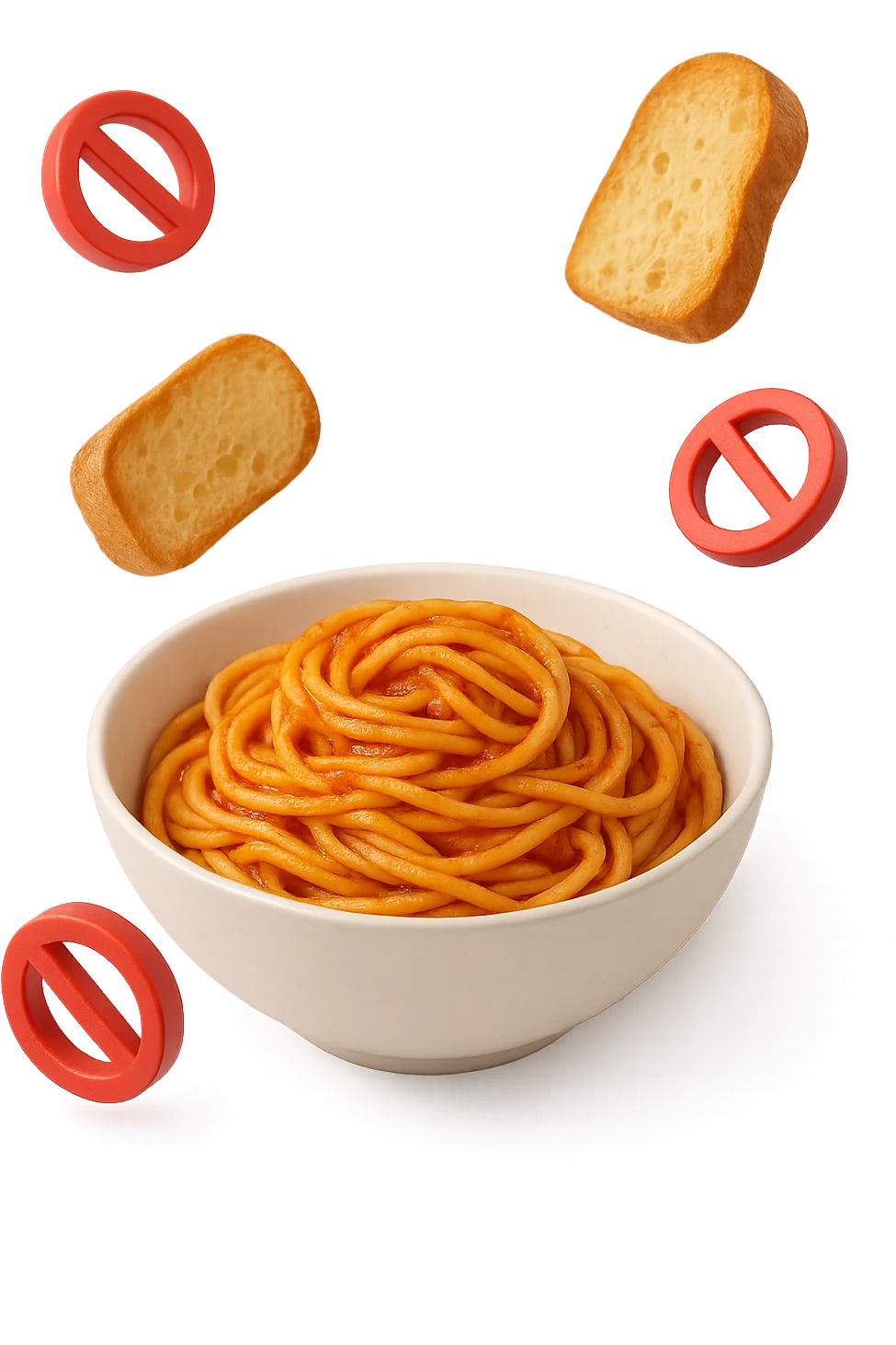 bowl di pasta e fettine di pane che fluttuano in aria con piccoli divieti 3d, sfondo bianco, iperrealistico 4k emoji