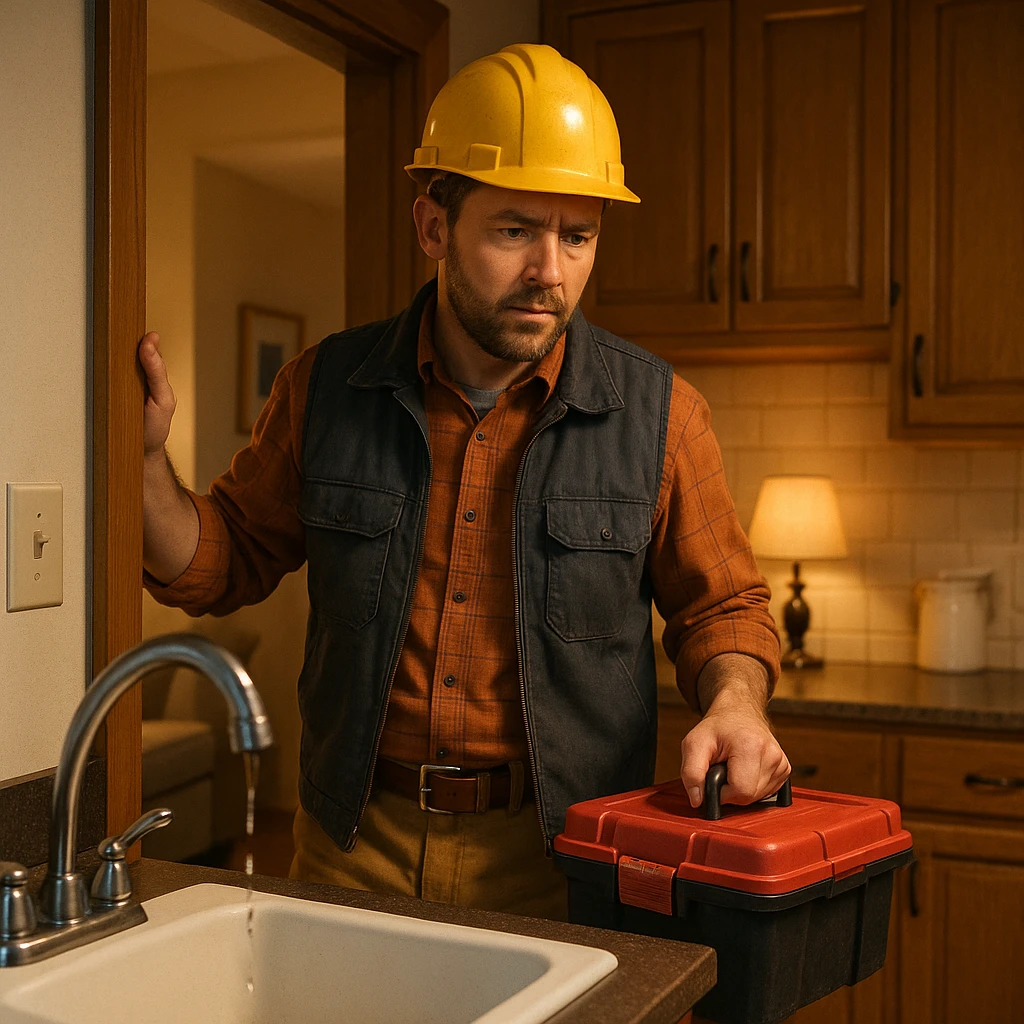 A construction worker entering his home, still in work clothes, noticing a leaky faucet in the kitchen, toolbox in hand, expression focused, background shows a cozy home interior. emoji