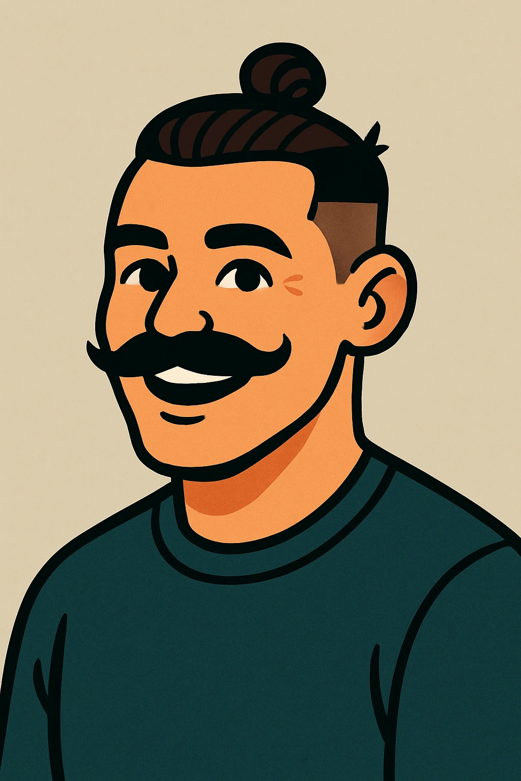 A vibrant cartoon style illustration of a guy with a moustache and a man bun, low taper fade haircut, smiling, neutral background. emoji