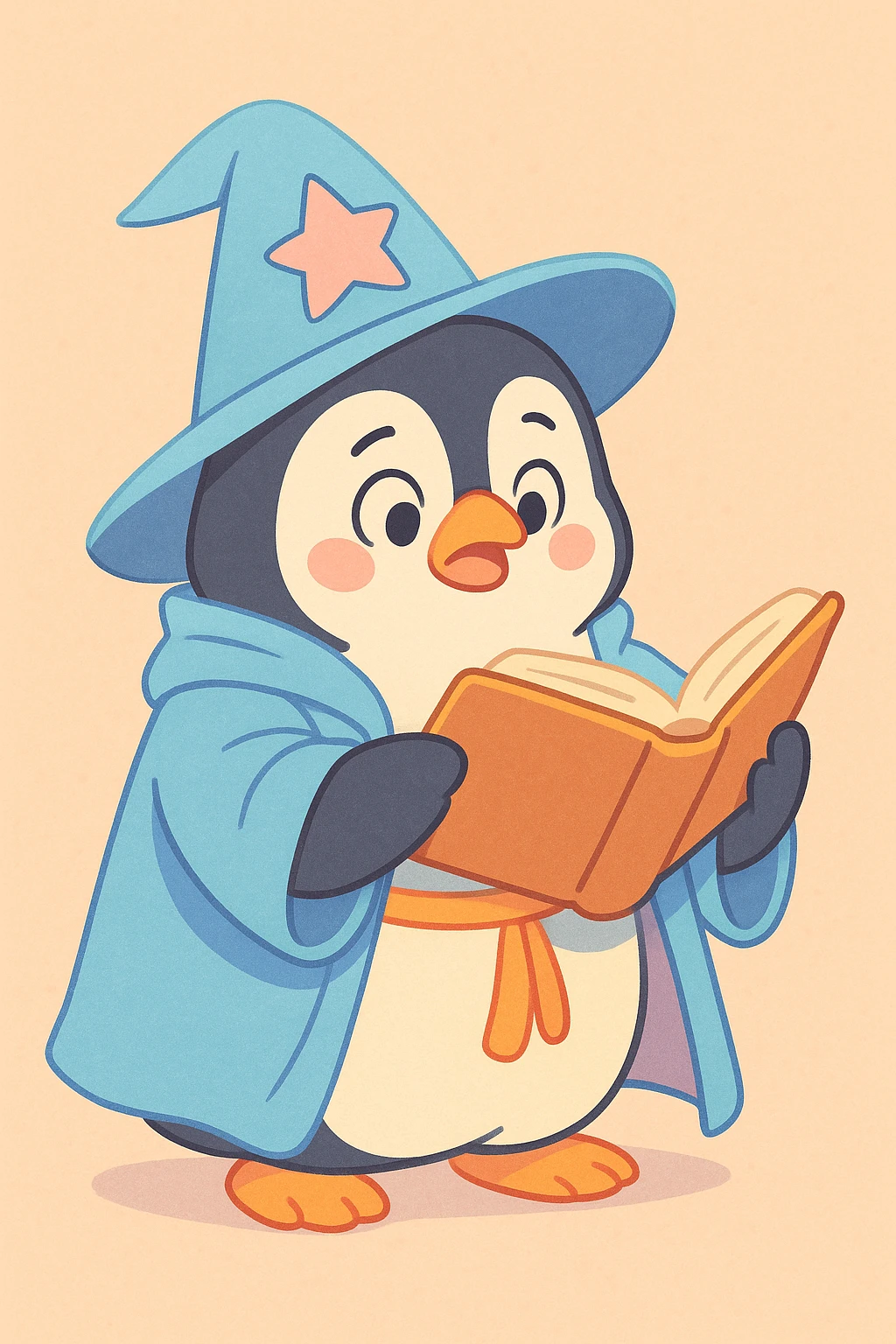 chubby penguin in wizard robes, holding an open spellbook, soft pastel style emoji