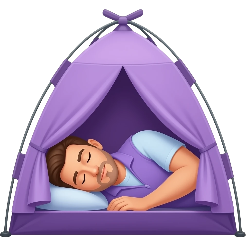 Man emoji, no beard, lilac vest, sleeping inside a tent, tent flap open, peaceful expression, camping vibe, Apple emoji style, predominantly lilac emoji