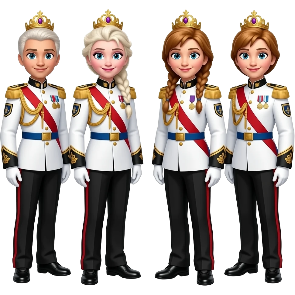 Elsa arendelle and Anna arendelle from disney frozen movie are same wearing gold tiara white military tunic arm badge shoulder cord medal red sash blue belt black trouser with both side red stripe white shoes and they both reached at righteous place emoji
