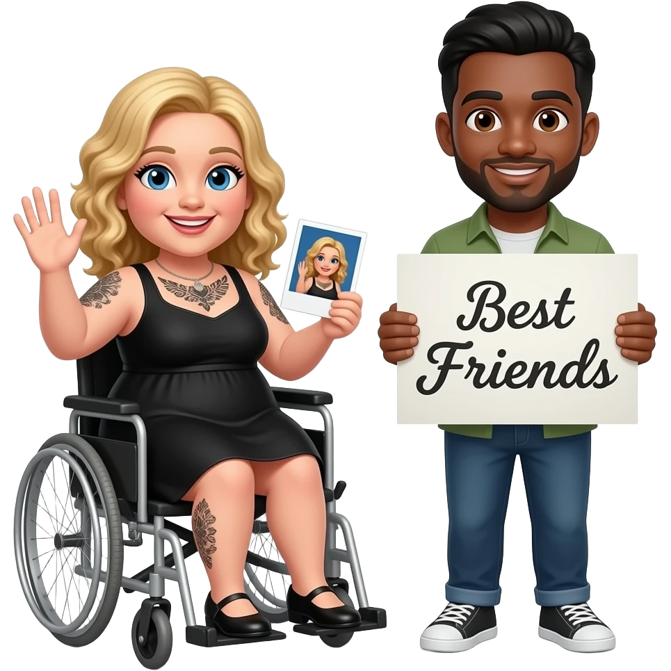 Plus size women waving in wheelchair Blonde curly hair blue eyes black tattoos a black summer dress with a Polaroid photo of herself & a African American man black hair brown eyes no facial hair saying “Best Friends” in cursive writing emoji