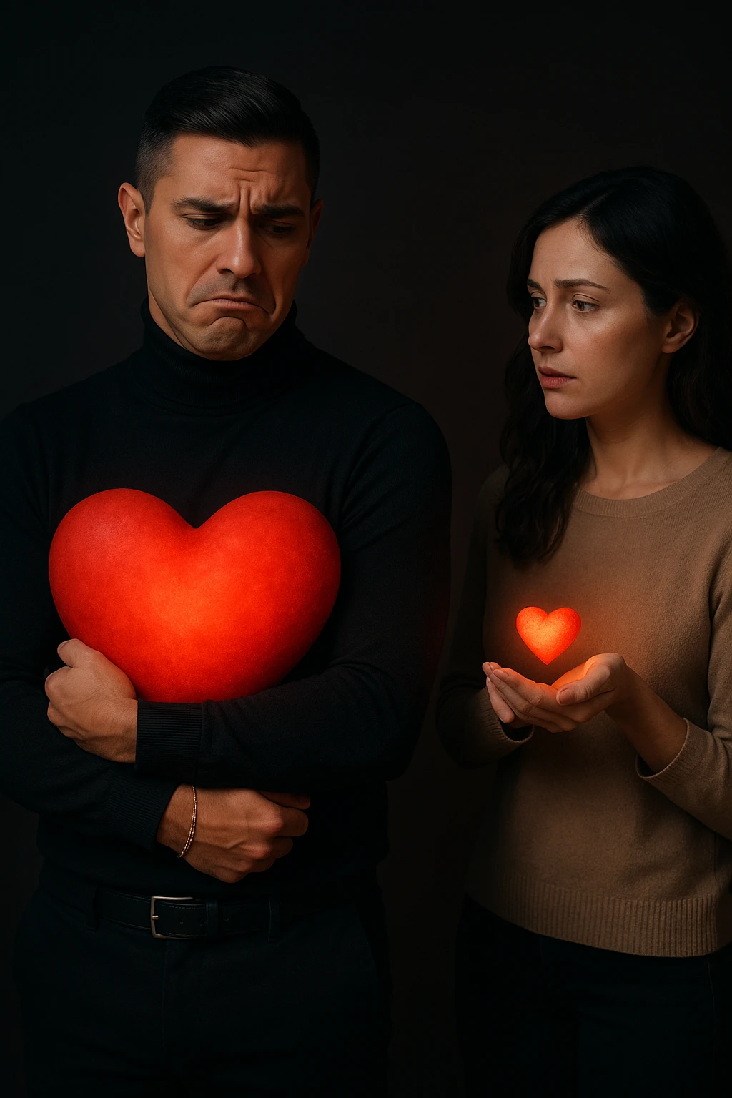 an Italian man in his 30s with olive skin and dark hair stands apart from a woman who offre un piccolo cuore luminoso tra le mani. Lui guarda il cuore con un’espressione triste e insoddisfatta, tenendo tra le braccia un cuore molto più grande e brillante, mentre la distanza tra loro è accentuata da luci soffuse e ombre. emoji