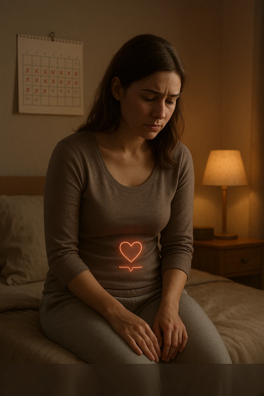 3D realistic medical illustration: a young woman in her 20s or 30s sits on the edge of a bed in a softly lit bedroom, looking thoughtful and slightly concerned. She wears comfortable loungewear, her posture is slouched, and her expression is subdued. Subtle visual cues—such as a faded calendar with missed menstrual cycles and a dimmed heart or energy icon near her abdomen—symbolize low libido and amenorrhea. The scene is realistic, intimate, and empathetic. emoji