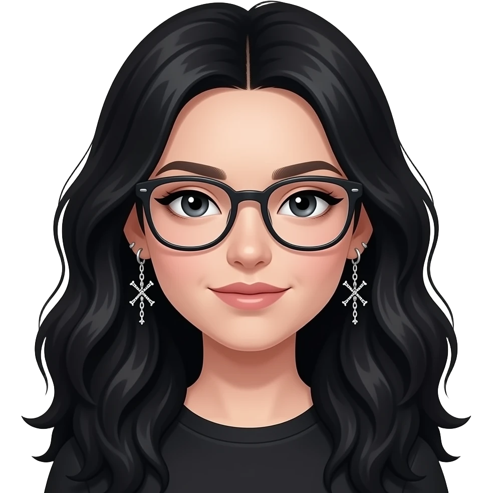 girl in black, long hair with volume , black eyes with small eye liner, with chain piercing earrings (that has skeletons looking like crossing) and glasses emoji