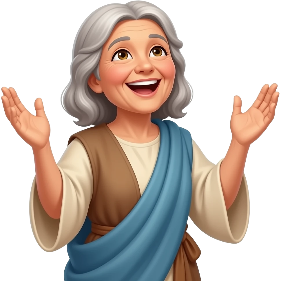 An old woman wearing clothing from ancient biblical times looking up at God with his hands stretched out with a look of joy on his face singing praises to God emoji