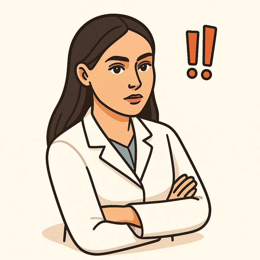 Edit the image to depict a female doctor with dark long straight hair and detailed brown eyes (not just dots). She wears a white coat. The style is 2D isometric with a minimalist background. She looks straight at the camera with a serious but not strict expression, conveying importance as if her gaze communicates something important. Include two exclamation marks nearby. emoji