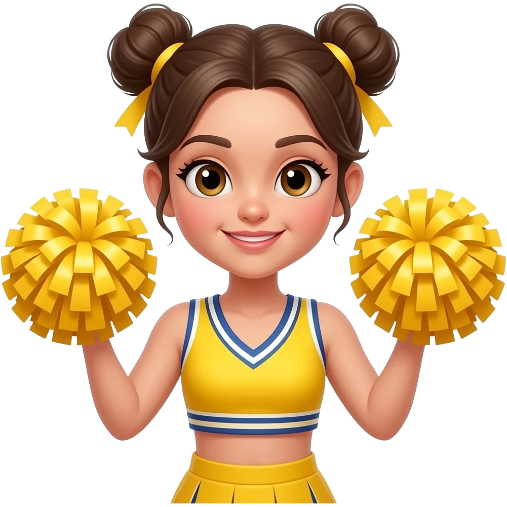 listen carefully a girl with two sided bun and wear vibrant yellow cheerlead outfit face close up and poom poom in hands girl with wide shoulders emoji