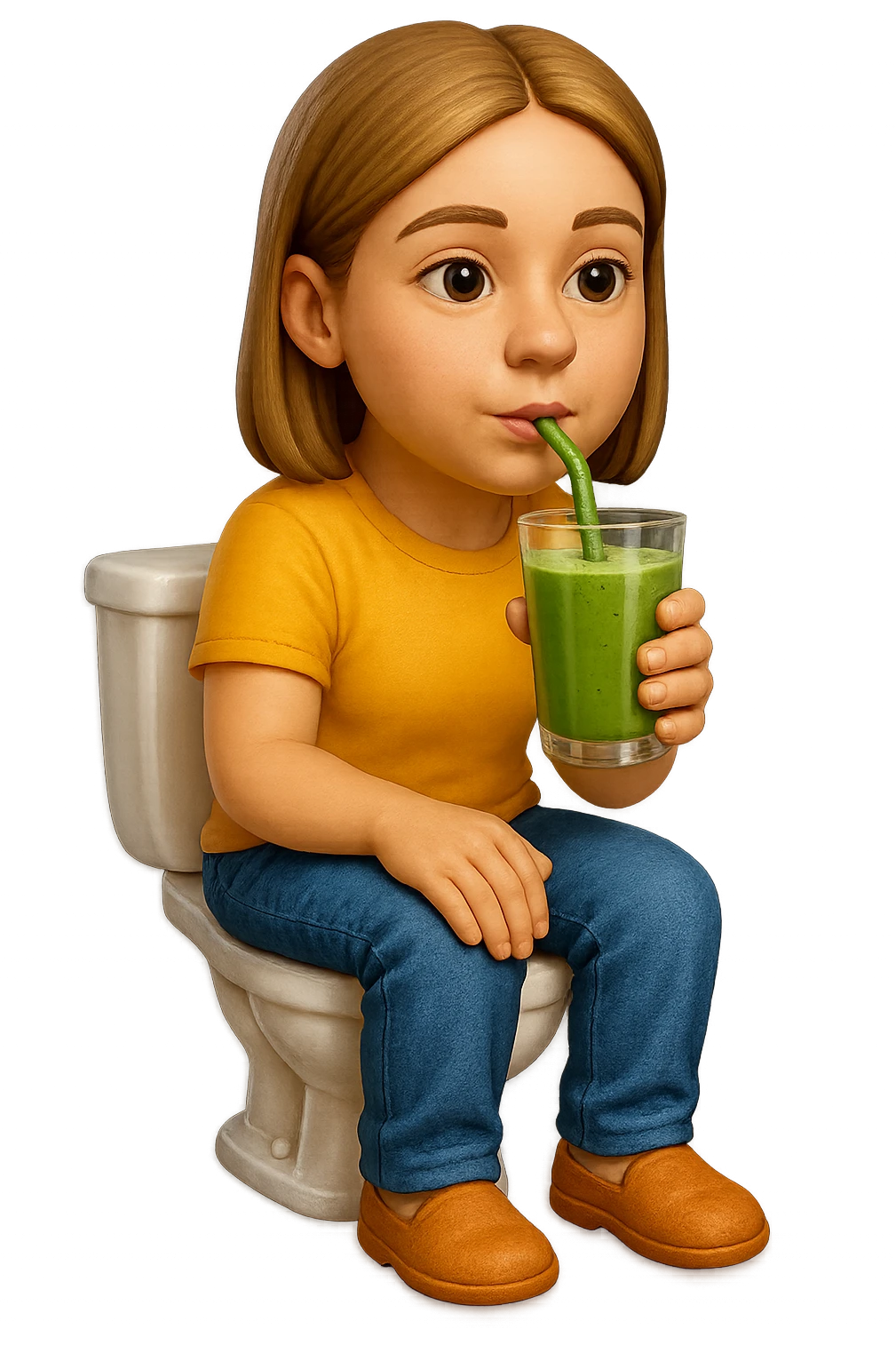 emoji stile iphone di una donna seduta sul wc che beve uno smoothies verde, iperrealistico 4k emoji