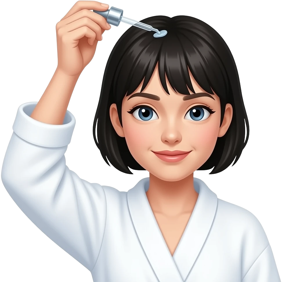 White girl taking care of her black short hair by giving herself a hair tonic massage with a dropper, wearing a white robe, iPhone emoji style emoji