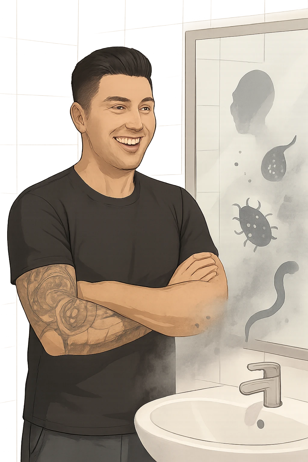 a man stands in a brightly lit bathroom, looking relieved and revitalized as he examines his reflection in the mirror. In the foreground, stylized, shadowy images of parasites (such as worms or protozoa) are shown leaving his body, dissolving into mist or fading away. His posture is upright and his expression is one of newfound energy and health. emoji