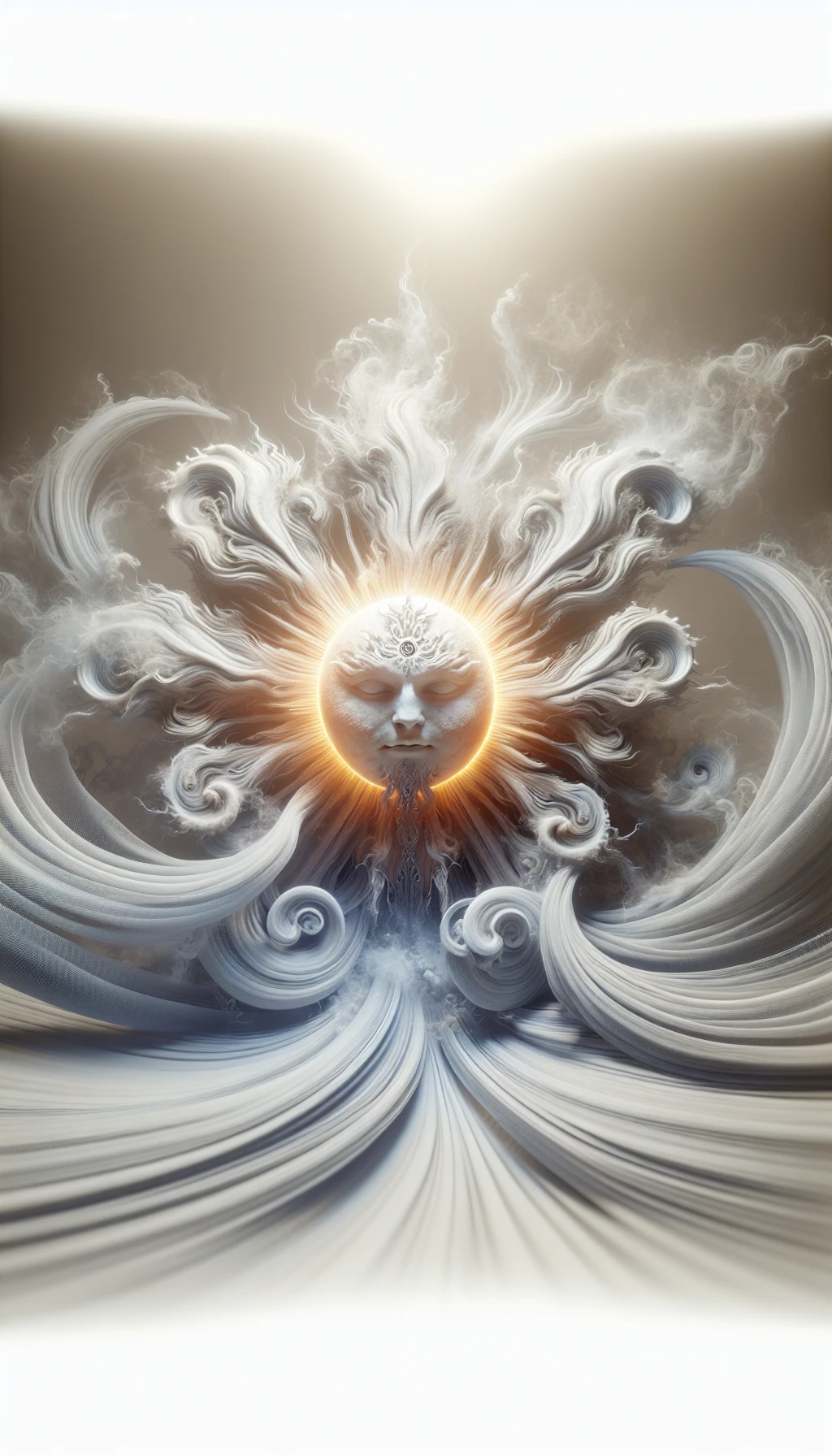 il sole è dio, sfondo mistico neutro chiaro, attorno al sole fluttua una magia mitologica, iperrealistico 4k emoji