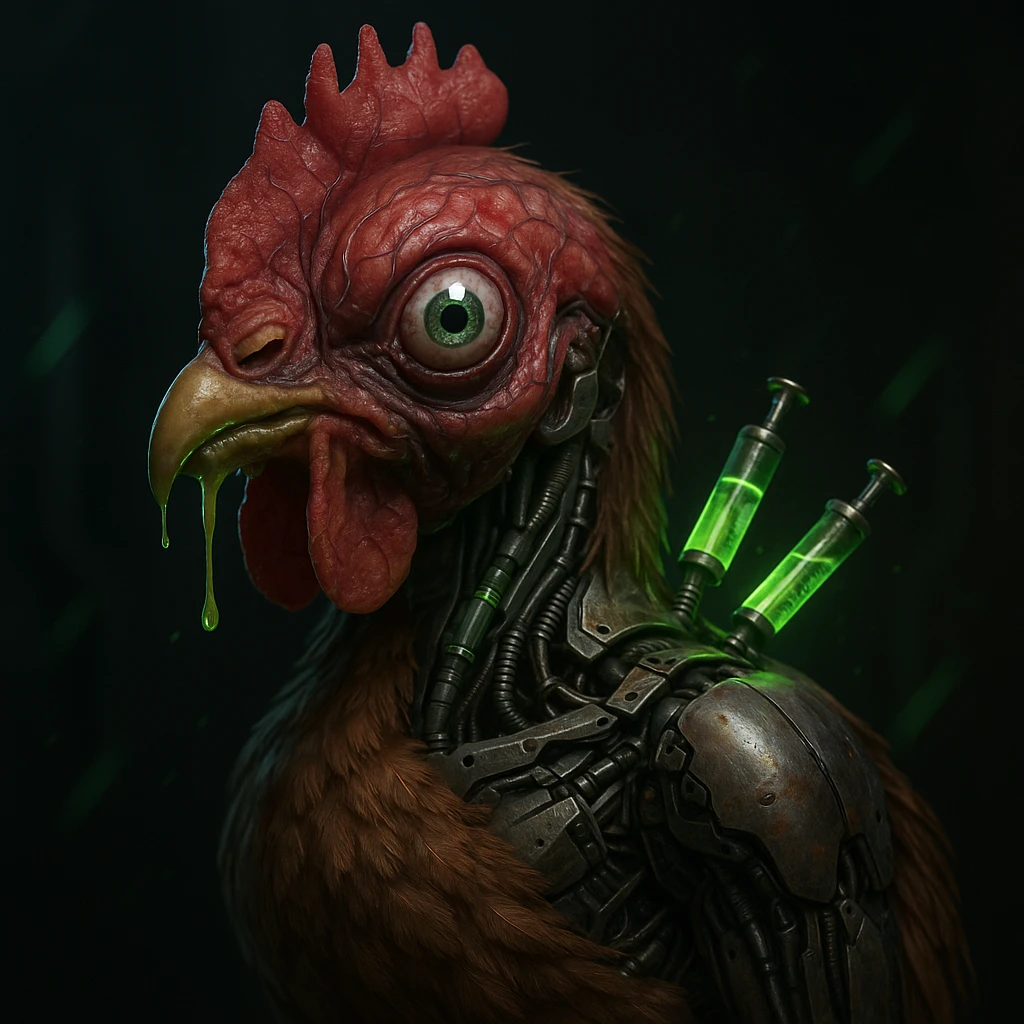hyperrealistic mutant bio-engineered chicken emoji with fleshy red head showing pulsating veins, one bulging cyborg eye, deformed beak dripping green slime, body half feathers and half exposed machinery, glowing green growth hormone injections in neck, dark sci-fi atmosphere with neon green accents emoji