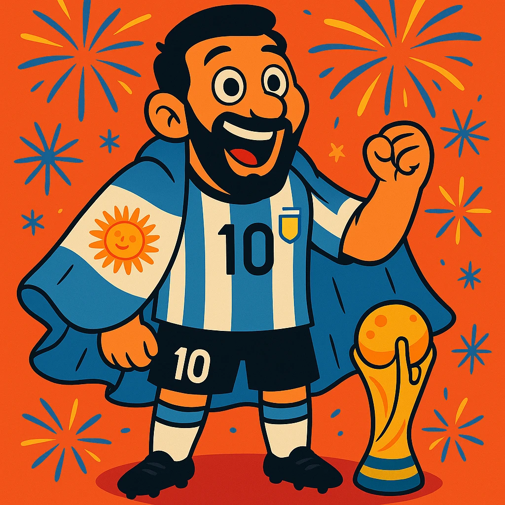 Make Messi look even more cartoonish and exaggerated, with larger eyes and expressive features, draped in Argentina flag, World Cup trophy at his feet, fireworks in background. emoji