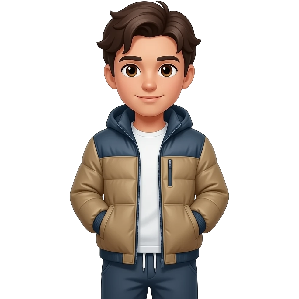 Make a gay Boy with light brown skin color, brown eyes and dark brown hair. He is wearing a Softshell Jacket and Sweatpants. emoji