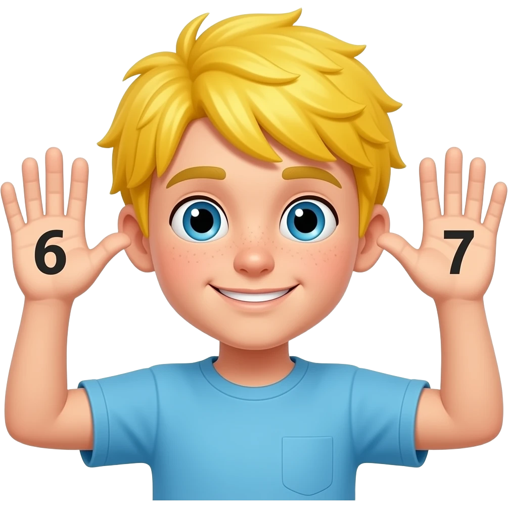 Decak sa zutom  kosom sa podignutim rukamo pored glavd i brojevi na jedni ruku broj 6 a na drugu 7 i pored da pise emoji