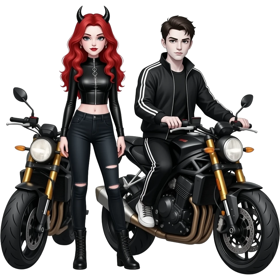 Vampiro adolescente femmina con pelle bianca e capelli rosso ondulati lunghi che indossa dei jeans neri a zampa d' elefante e un top stretto con le maniche lunghe stile militare con suo fratello VAMPIRO maschio adolescente con la pelle bianca e una tuta da ginnastica nera che guidano una moto emoji