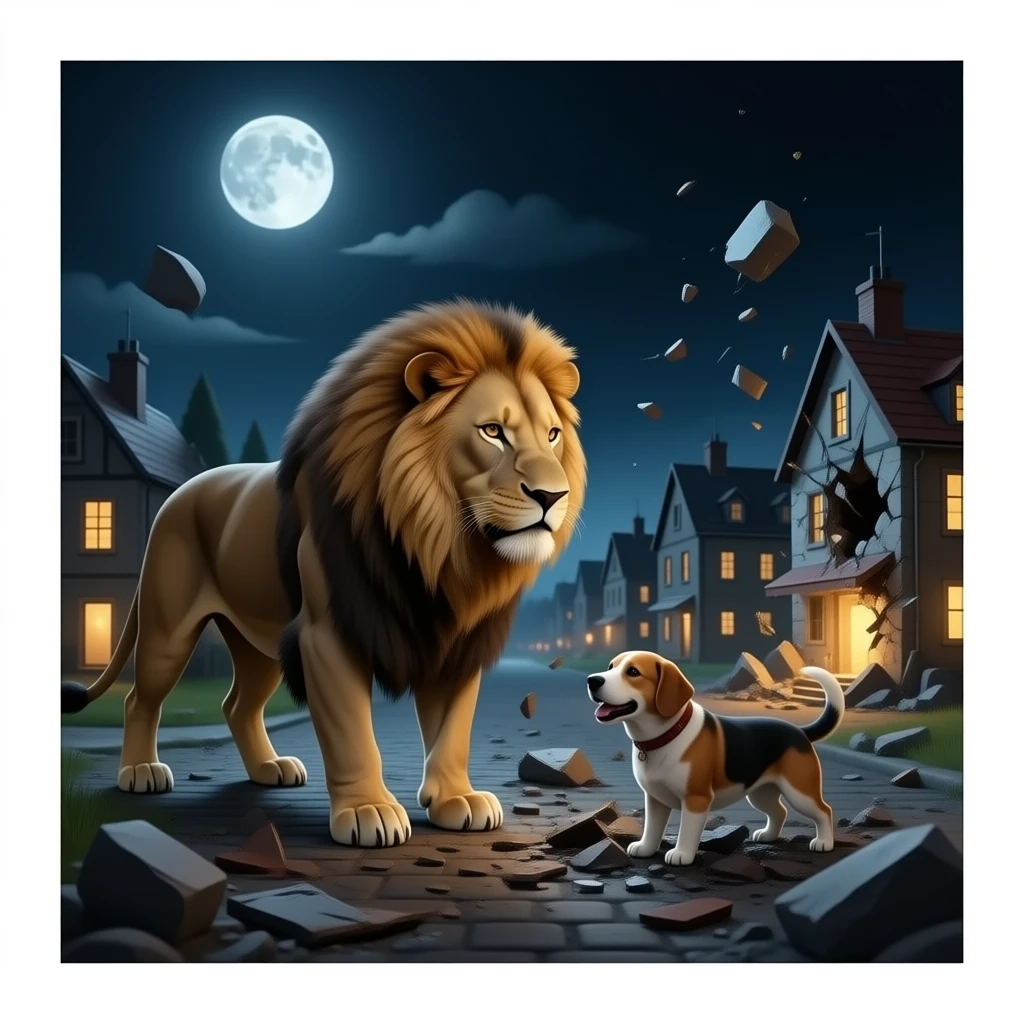 quiero que en un pueblo un leon y un perro esten destrozando el pueblo  pero que no esten las personas pero que esten destrozandolo entero mas realista y mas brusco e ujn pequeño pueblo que sea de noche pero sin tormentas realista emoji