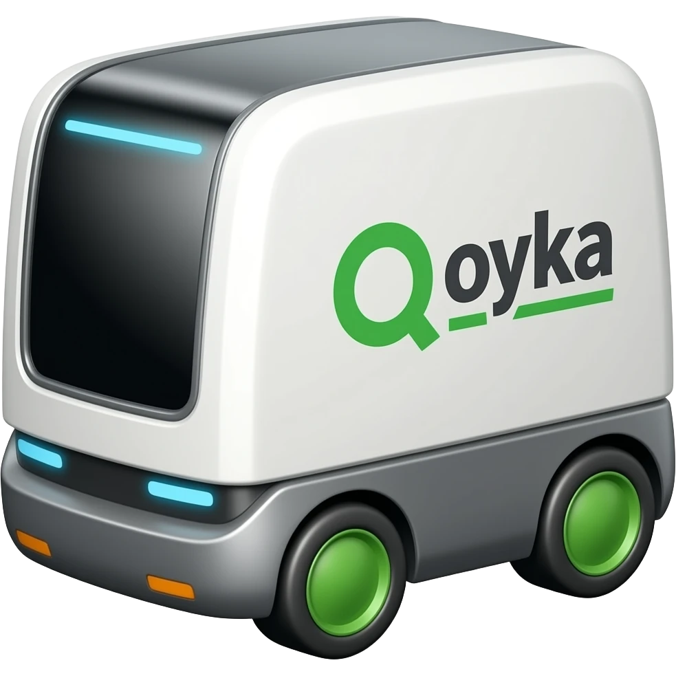 Solid rectangle delivery robot with a logo showing oyka emoji
