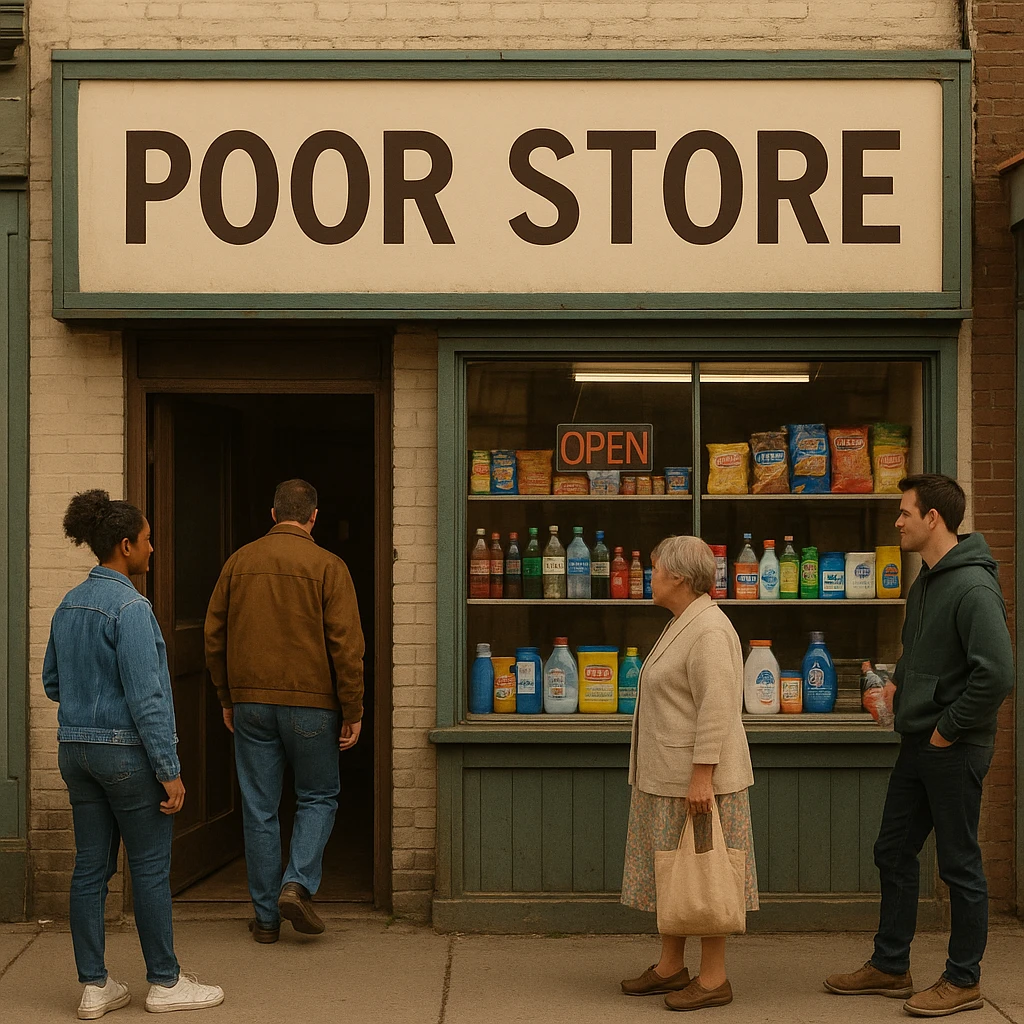 Convenience store named poor store and more emoji