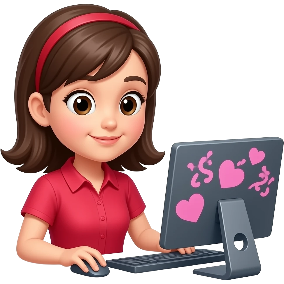 Niña con blusa roada viendo computador con stickers rosado emoji